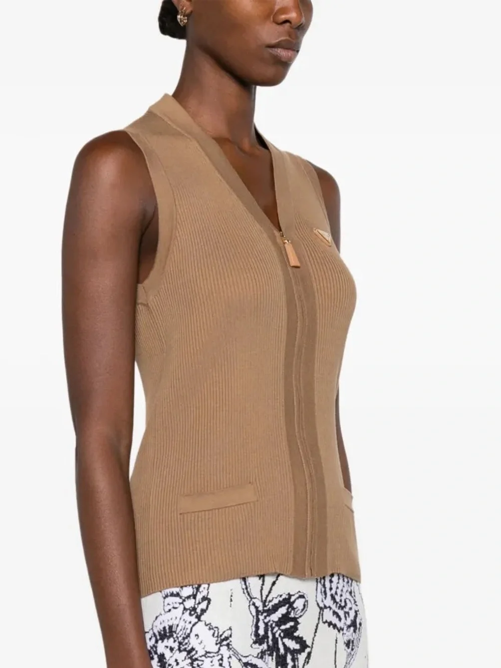 Prada Ribbed Knit Sleeveless Zip Vest Cardigan Brown Camel Leather Logo Plaque